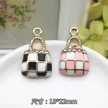 Wholesale Rhinestone decoration Alloy drop oil gold plated tartan check handbag shape jewelry charms diy phone