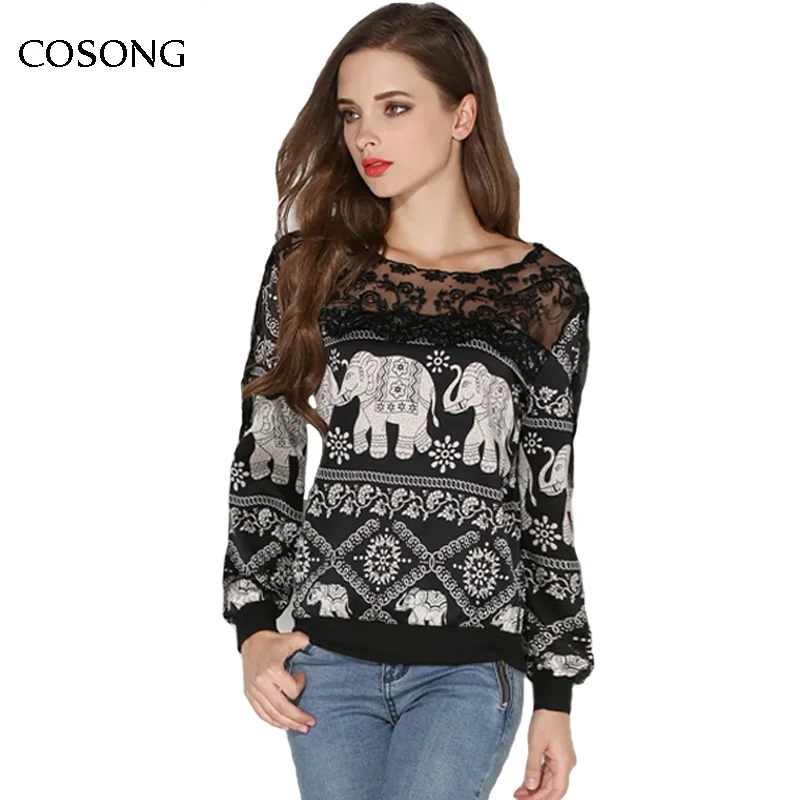 2016 Fashion Plus Size Black Blusas Women Long Sleeve Silk