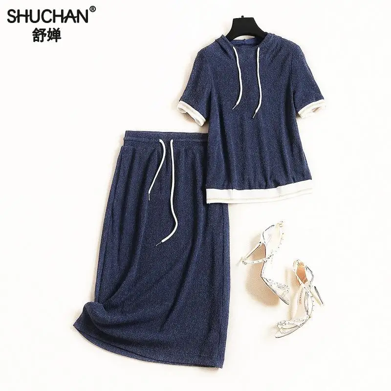 

Shuchan Casual 2 Piece Set Women Pullover With Hooded+pencil Skirts Elastic Waist Navy Blue Calf-length Pants Conjunto Feminino