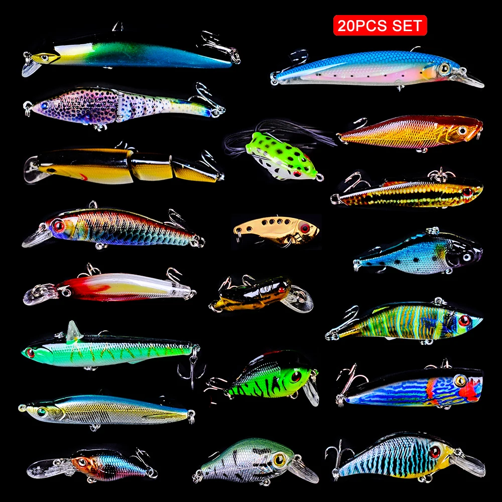20pc Fishing Lure Set Mixed Size Minnow Popper Crankbaits Plastic Hard Bass Bait Artificial