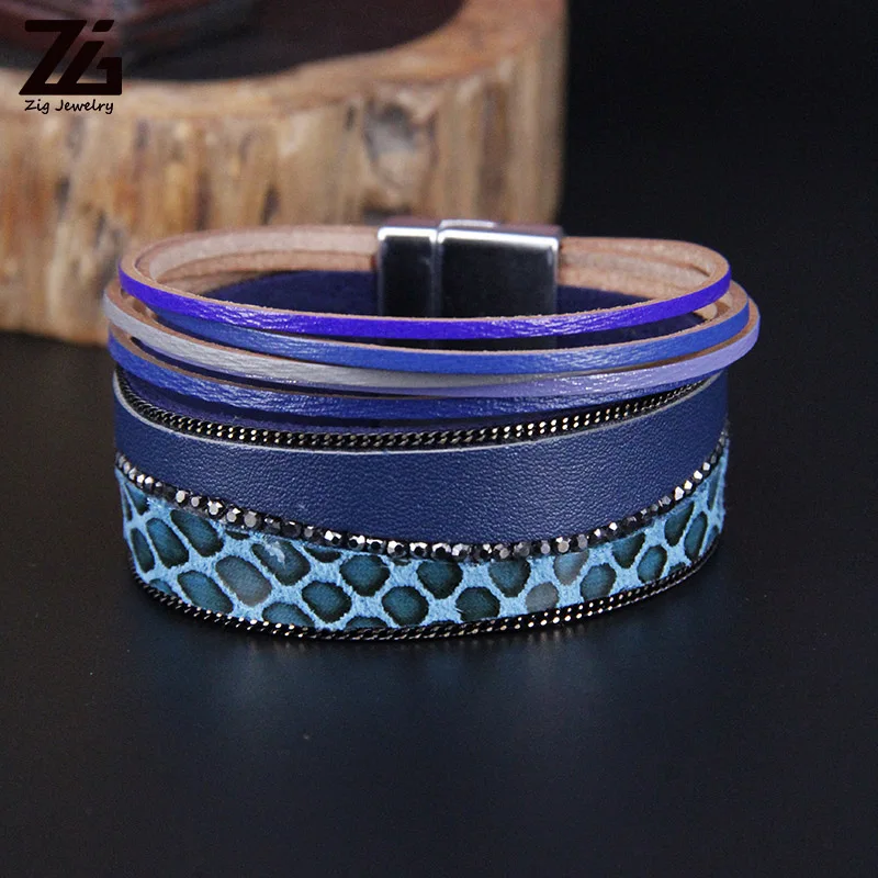 ZGLeopard кожаные браслеты для женщин Femme браслеты и браслеты богемный Кристалл Бохо широкий браслет обруча женские ювелирные изделия - Окраска металла: blue