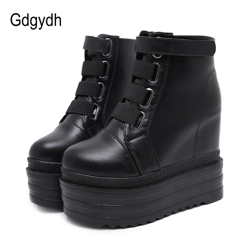 Goedkoop Gdgydh 2018 Nieuwe Collectie PU Lederen Dames Korte Laarzen Herfst Platform Hakken Schoenen Haak Lus Vrouwen Zwarte Wiggen Laarzen Promotie
