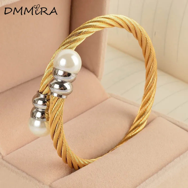 

Fashion Women Men Silver Gold Pearls Clasp Twist Stainless Steel Open Cable Wire Rope Bracelet Cuff Bangle Pulseiras Jewelry