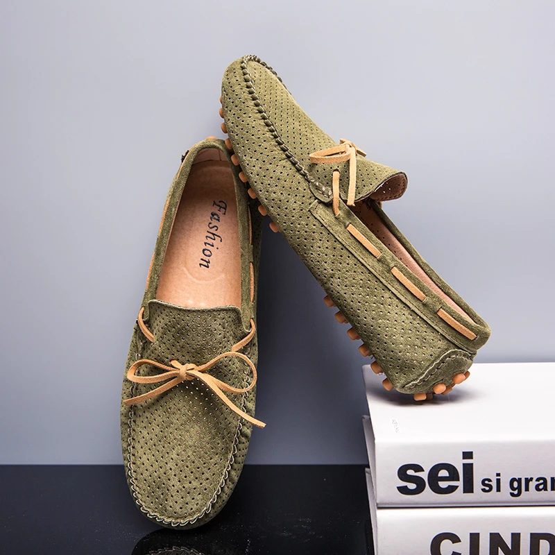 Driving Shoes Men Shoes Summer Genuine leather Loafers Breathable Casual Shoes Flats 2019 Moccasins Slip On Shoes For Male Green