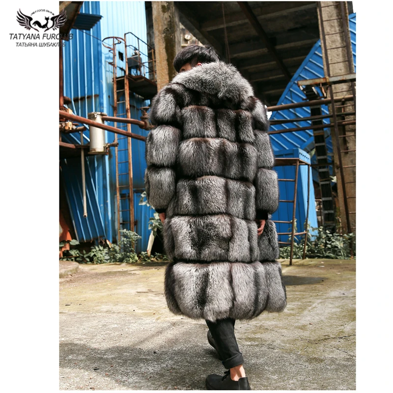 Tatyana Furclub роскошное пальто с натуральным мехом серебристой лисы для мужчин, Длинные куртки с капюшоном, толстые теплые зимние модные стильные Большие размеры