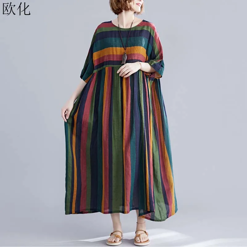 

Women Plus Size Summer Sundress 4XL 5XL 6XL Robe Vintage Big Swing Striped Cotton Linen Maxi Dress Batwing Long Dresses 2019 New
