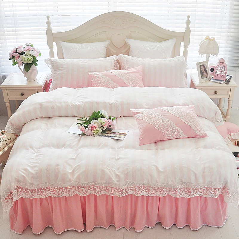 Pink Striped Bedding Set 6 Piece Bedding Set Bed Skirt with Ruffles