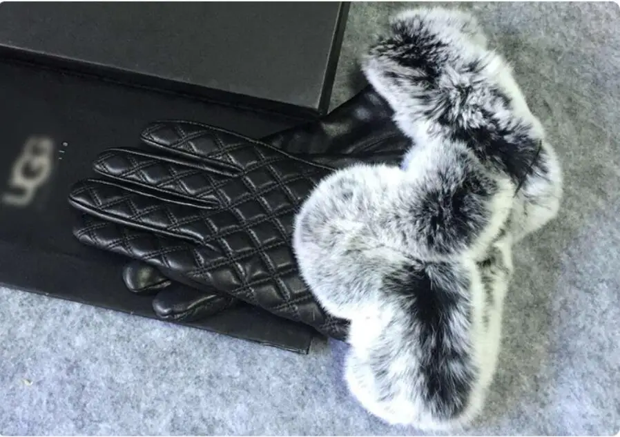 Роскошные женские кожаные перчатки из натурального кроличьего меха, черная кожаная зимняя перчатка из овечьей кожи, женские теплые перчатки из натуральной толстой кожи