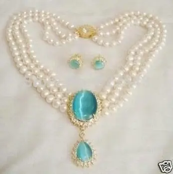 

Wholesale CharmiNg! jewelry Natural white pearl necklace opal pendant earring set