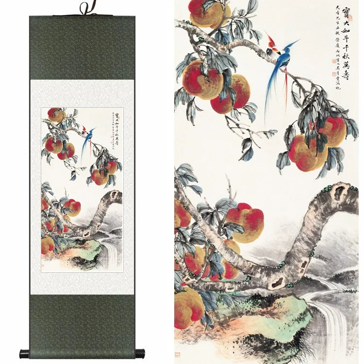 

Chinese Silk ink watercolor flower and birds peach tree art print feng shui canvas wall picture damask framed scroll painting