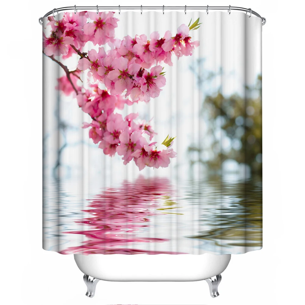 180 *180cm 3D Shower Curtains Hooks Peach Blossom Woods Pattern