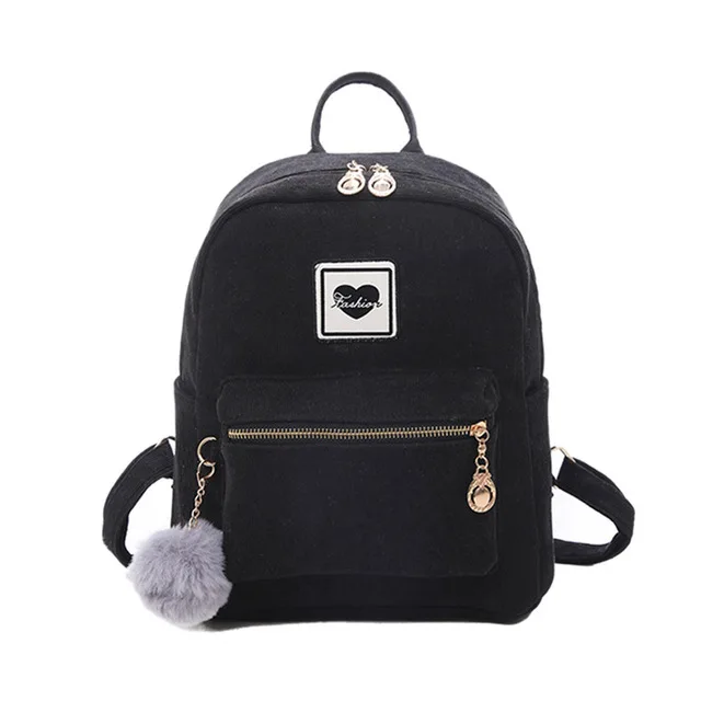 Модные женские рюкзаки вельветовые школьные сумки женская сумка на плечо милый рюкзак Hairball женские сумки на молнии для девочек Mochila Новинка - Цвет: Black