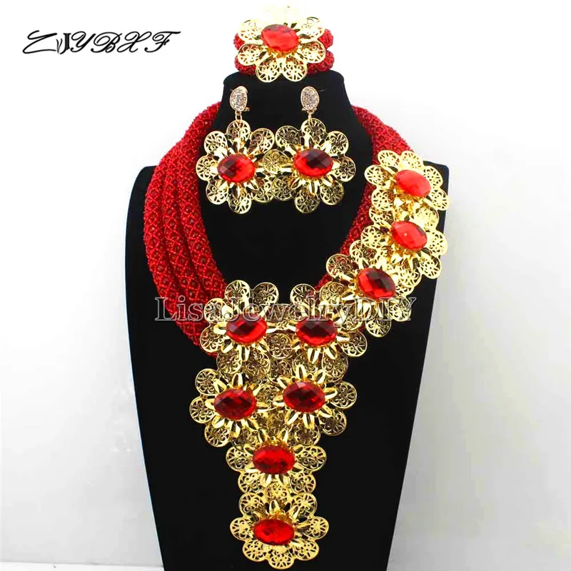 

Gorgeous New Red Crystal Statement Necklace Set Wedding African Red Beads Flower Jewelry Set for Women Free Shipping L1121