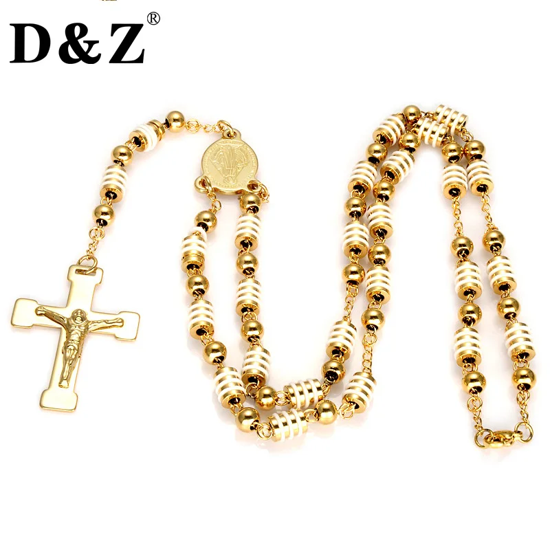

D&Z Gold Color Jesus Cross Pendant Necklace Stainless Steel Rosary Virgin Mary Beads Strand Crucifix Necklace for Christ Jewelry