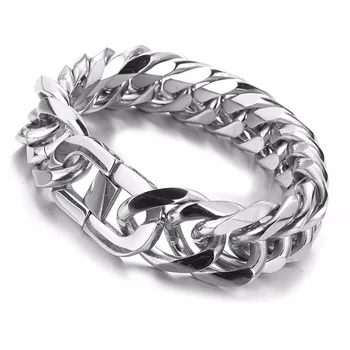 

19mm 21mm Strong Men's Double Curb Cuban Link Chain Bracelet Polishing Silver Color Stainless Steel Bangle 8-11 Inches