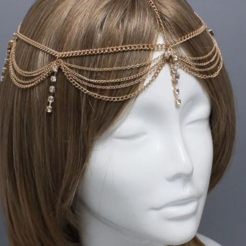  Boho Gold Draping Crystal Hair Cuff Arabian Bridal Hair Accessories Wedding Chain Headpiece Bijoux 