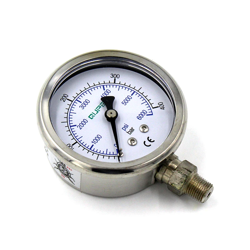 QUPB PCP Paintball 400bar High Pressure Gauges liquid Filled Stainless Steel Case Lower Mount Connection 63MM 1/8NPT GEL001