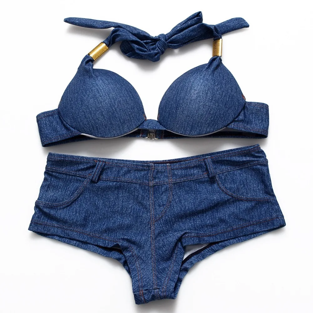 Europe United States New Retro Cowboy Blue Bikini Split High Waist