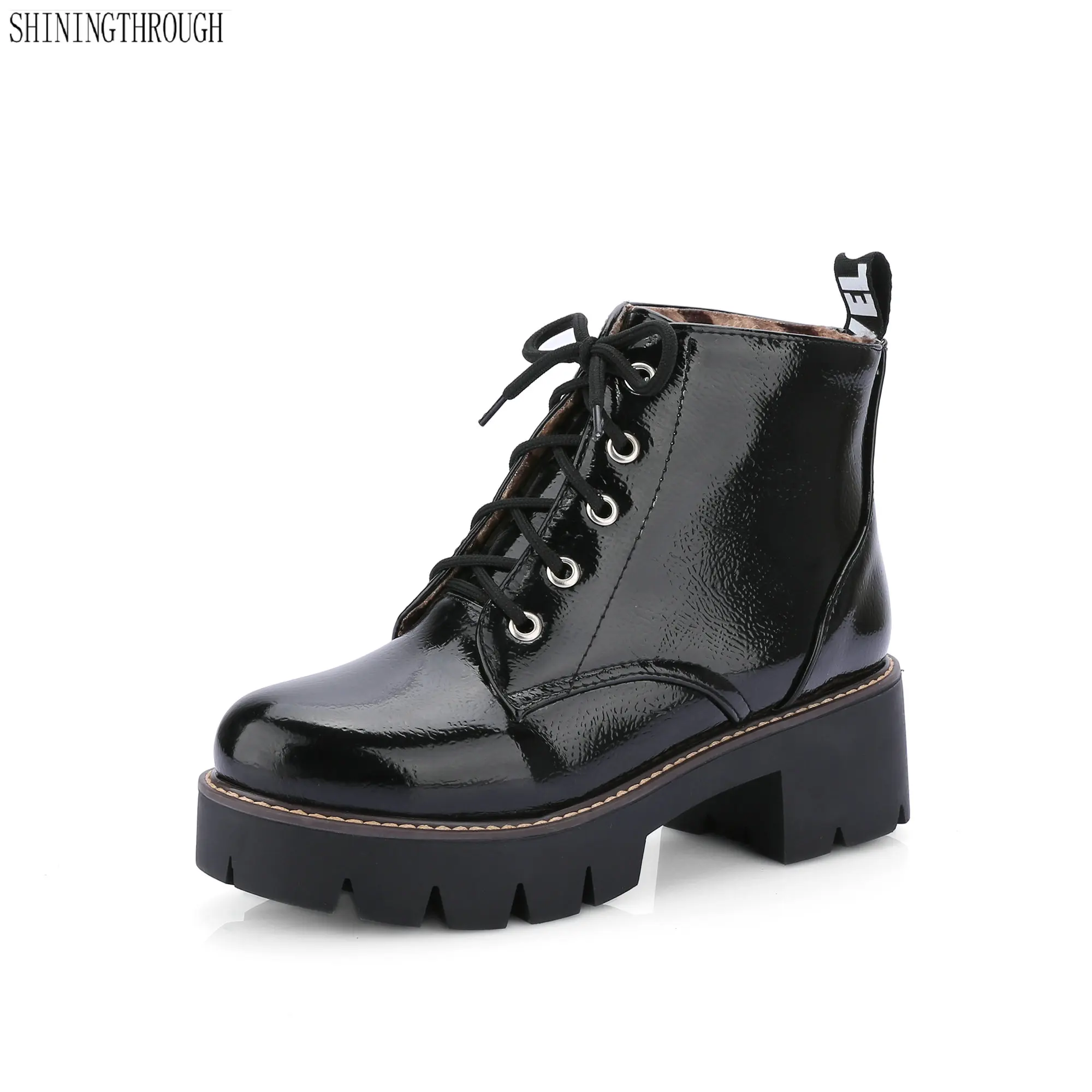 

New women shoes lace up motorcycle boots woman 5cm thick heels ankle boots for ladies black white red silver