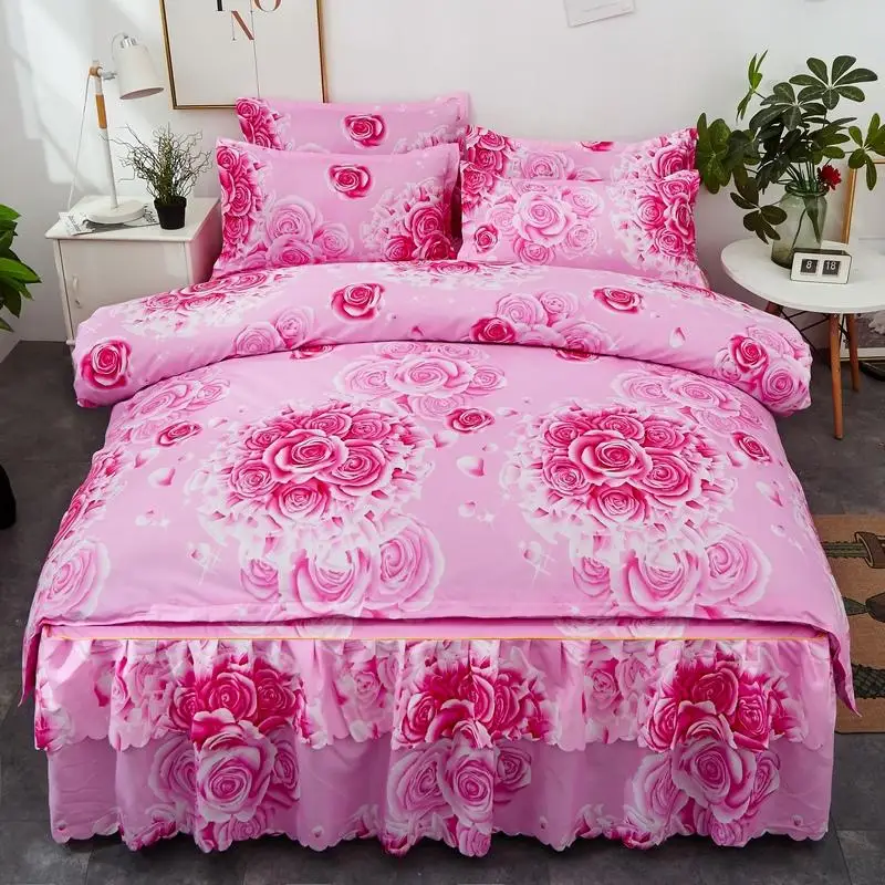 

4pcs High Quality Aloe Cotton Bedding Set Rose Flower Patterns Duvets Cover&Bed Skirt&Pillowcase Soft Comfortable Home Textile