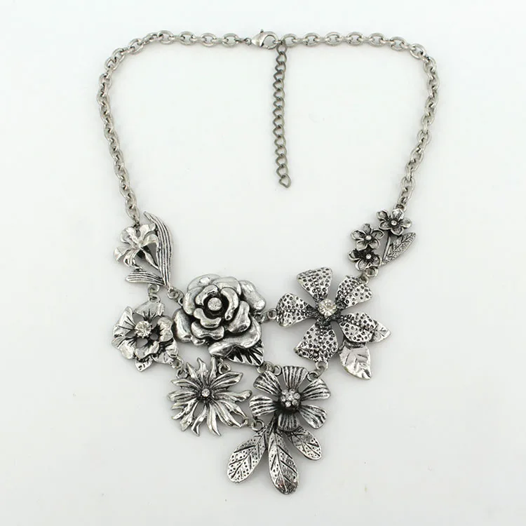 Винтажный в форме цветка большое эффектное ожерелье s& Кулоны богемский стиль resto древние способы Макси ожерелье - Окраска металла: Покрытие антикварным серебром