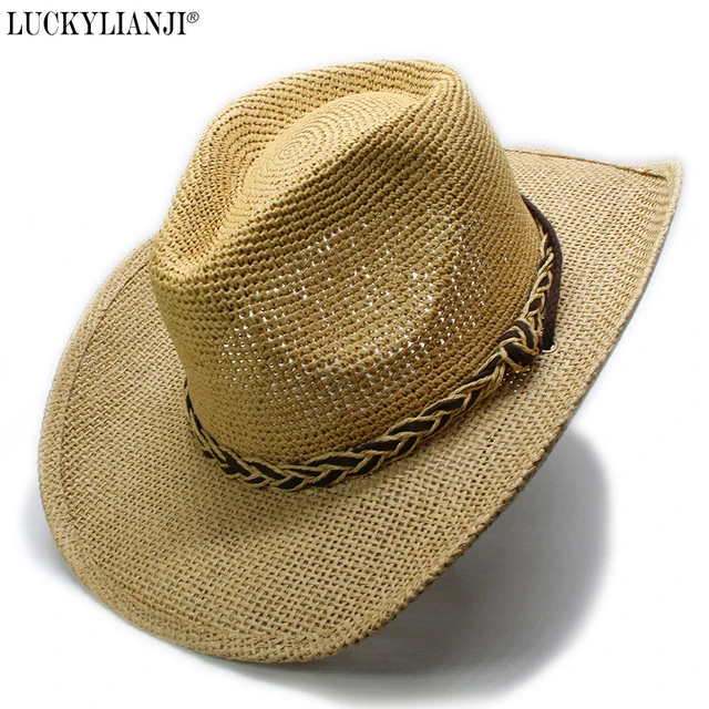 Luckylianji Women S Men Uni Hard Raffia Hollow Wide Brim Sun Luckylianji Women S Men Uni Hard Raffia Hollow Wide Brim Sun Beach Cowboy Hat Braided Leather Band