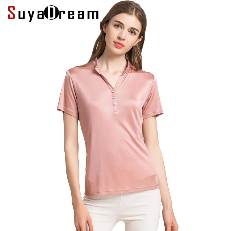 

Women T shirt 100% Natural silk base shirt Short stand neck Bottoming shirt 2018 FALL new white black Plus size tops