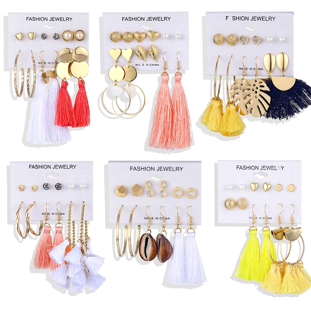 

2019 Fashion Geometric Gold Shell Stud Earrings Set For Women Shell Earrings Long Tassel Earring Handmade Female Earrings Jewelr