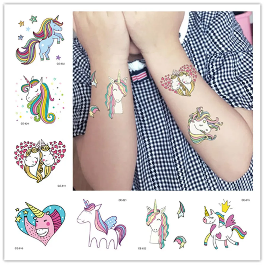 

1 Sheet Colorful Love Cartoon Unicorn Tattoo Temporary Tattoo Cute Star Tattoo Sticker Women Body Finge Art Waterproof Tatoo Kid