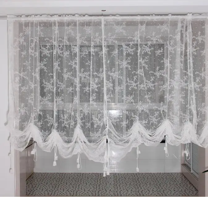 

Single Panel Window Curtain White Finished Sheer Curtain for kitchen Embroidered Tulle Curtains for Livingroom Height Adjustable