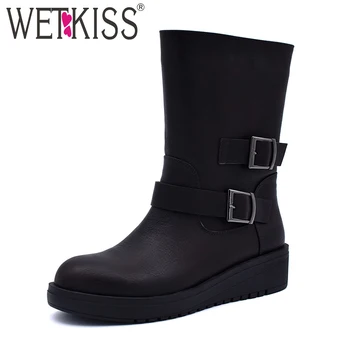 

WETKISS Mid Calf Winter Platform Boots Women Round Toe Plush Wedges Buckle Boots Fashion Ladies Shoes Pu Footwear Big Size 41