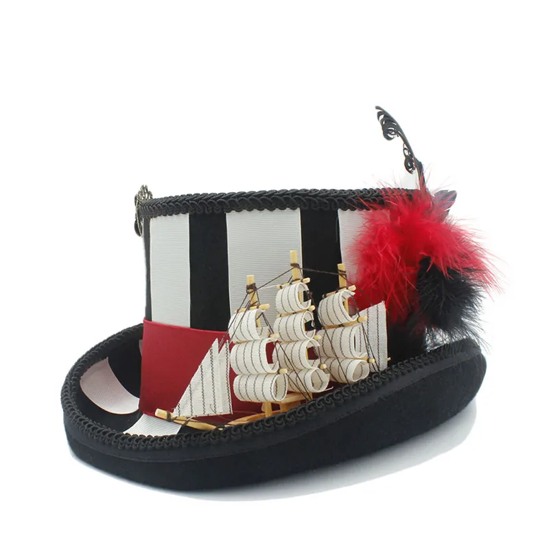 

100% Wool Women Steampunk Top Hatt With Night Ship Circus Hat Pirate Hat 4size 55 57 59 61CM
