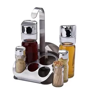 

New Arrival 5Pcs Kitchen Glass Spices Bottles Toothpick Holder Seasoning Storage Rack Set