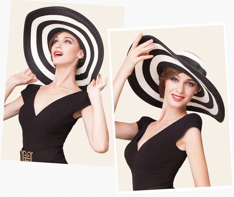 New Arrival Straw Sun Hat Women Summer Beach Sunscreen UV  Hat Girls Hat Black and White Striped Casual Sun Beach Cap B-7516