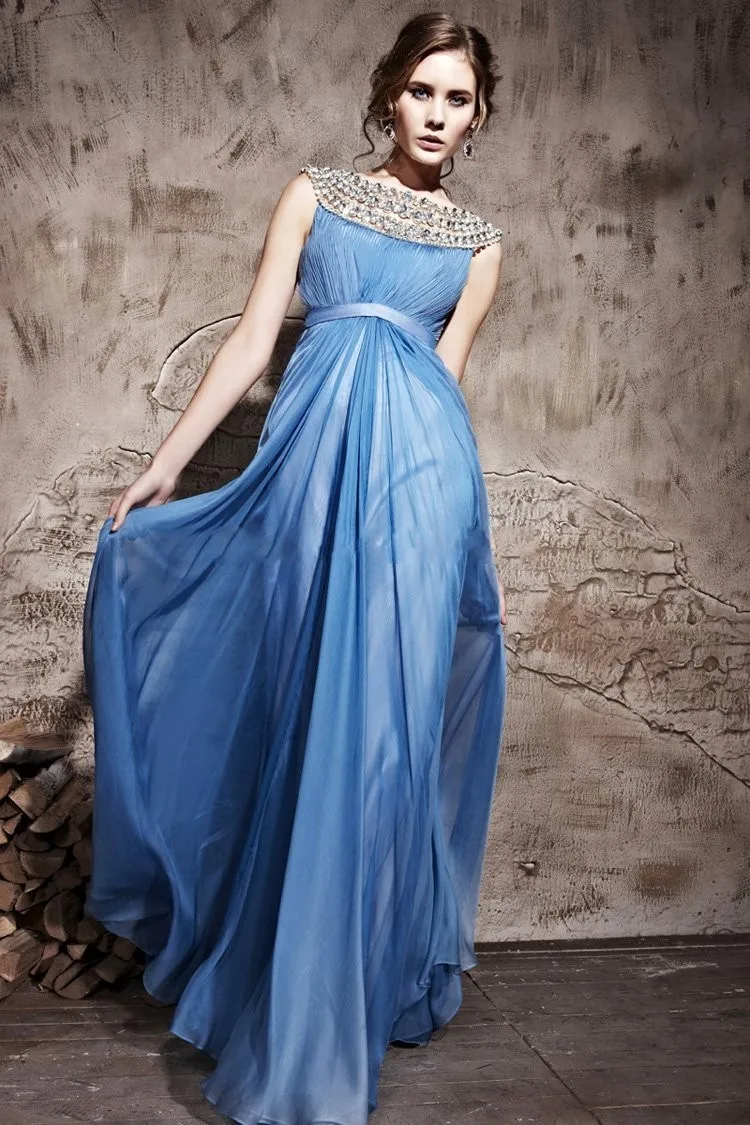 Elegant Sky Blue Prom Dresses 2015 New Scoop Neck Crystals Beaded