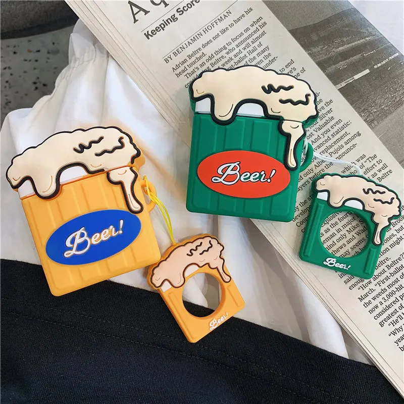 

Case For AirPods Cartoon Earphone Cases For Apple Airpods 2 cute Accessories Protect Cover with Finger Ring Strap beer design