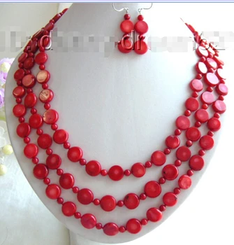 

FREE shipping>>>>>>Genuine 24" 3strands 12mm red coral beads necklace a set b649