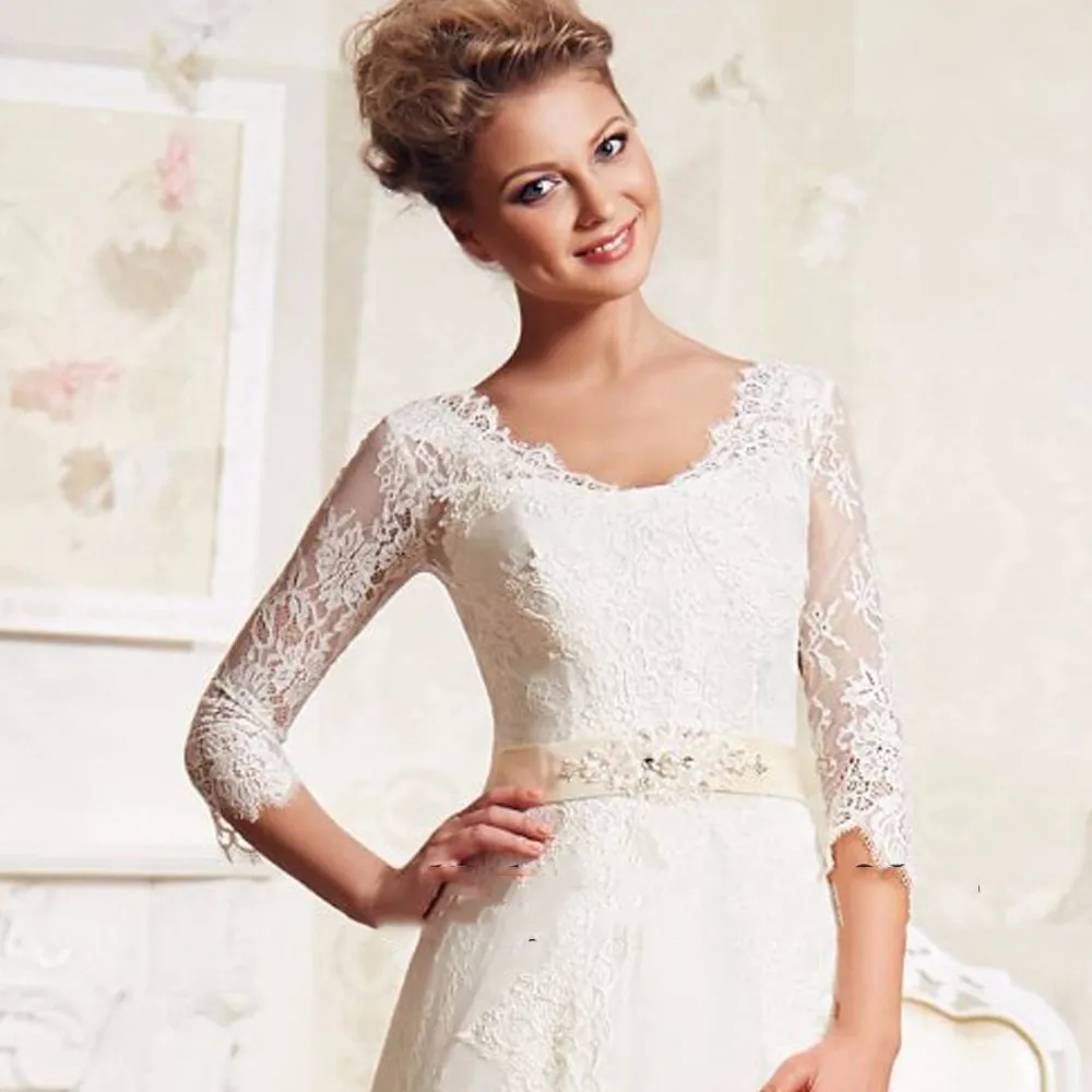Vestidos-de-noiva-manga-curta-Lace-Wedding-Dresses-A-Line-Bandage-Bridal-Gowns-Belt-Scoop-Trouwjurken (2)