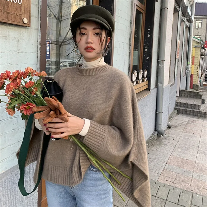 

CBAFU autumn winter knitted sweater women camel casual pullover loose short sweater women knitted tops outwear fashion P226
