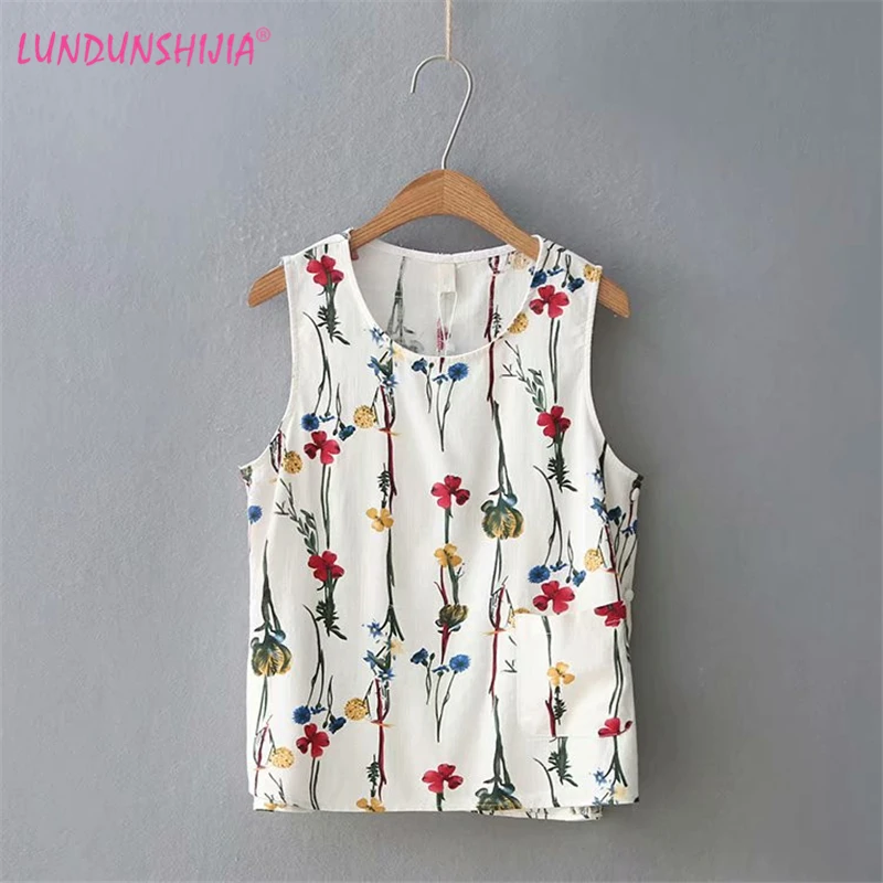 

LUNDUNSHIJIA 2018 Summer Women Fashion Flowers Printed Tops Cotton Linen Tank Tops Shirts Ladies Loose Sleeveless Vest Crop Top