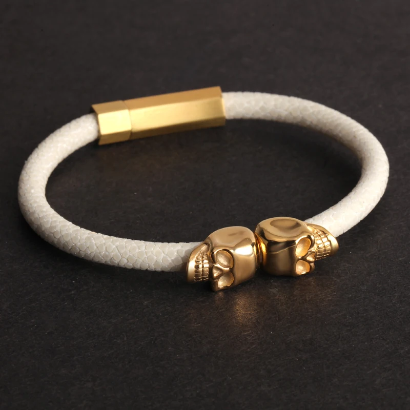 

Mcllroy Luxury White Stingray Leather Bracelet Men Gold Stainless Steel Magnet Skull Bracelets & Bangles Male Jewelry Viking New