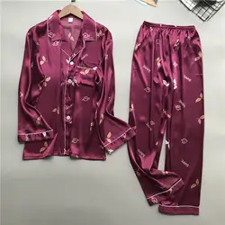 С принтом листьев сна лаунж-Пижама комплект пикантные атласные пижамы для женщин летние пижамы с длинным рукавом Femme полный брюки 965