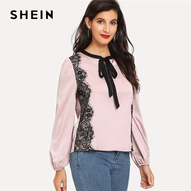 SHEIN Pink Elegant Workwear Minimalist Tie Neck Eyelash Lace Trim Round ...