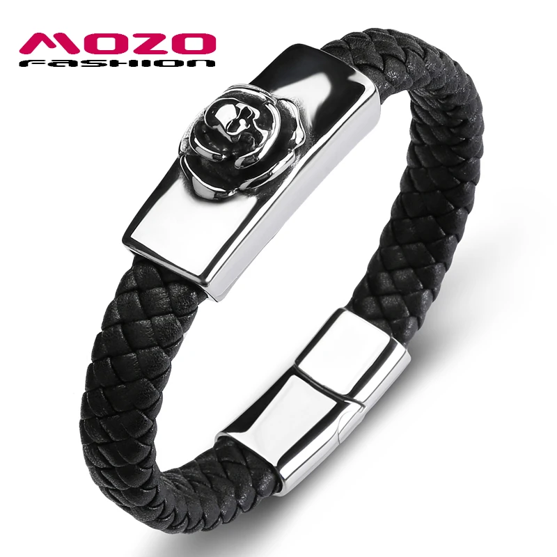 

MOZO FASHION 2020 Trendy Men Genuine Leather Bracelet Skeleton Stainless Steel Bracelets Man Collocation Punk Skull Jewelry 127