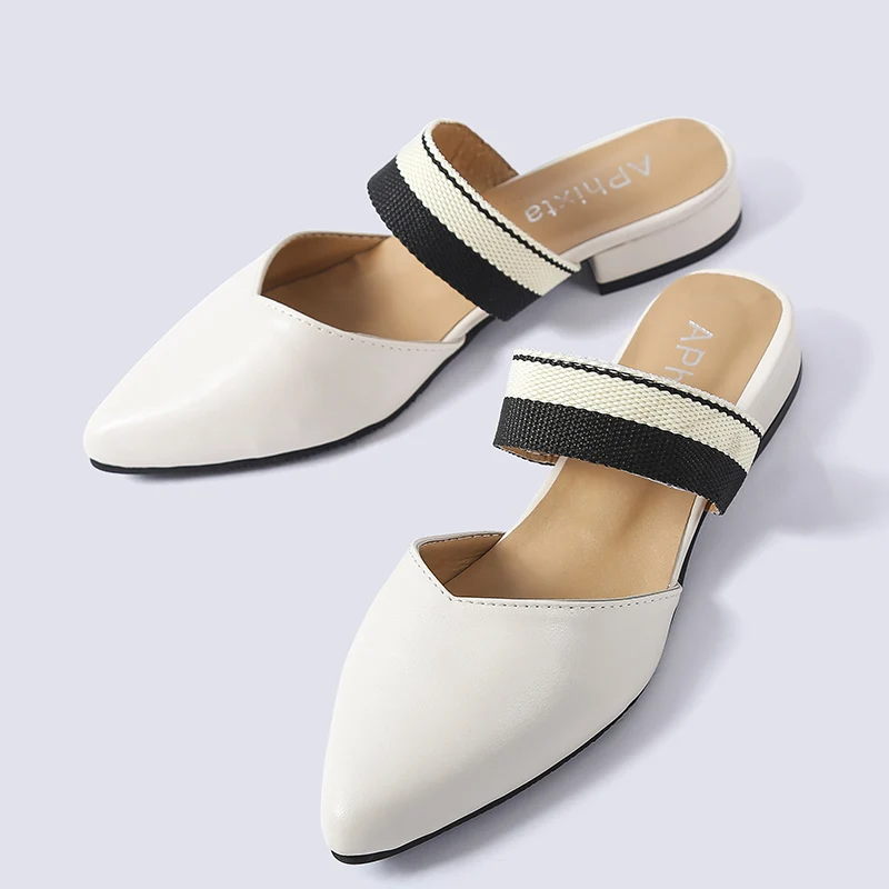 Aphixta модные женские туфли слайды острый носок летние туфли квадратный каблук коричневый бежевый тапочки женская обувь Шлёпанцы открытый Zapatos Mujer - Цвет: White