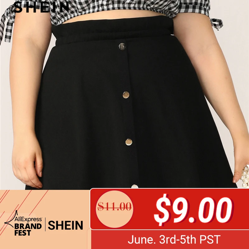 

SHEIN Plus Size Black Paperbag Waist Button Up Flare Skirt 2019 Women Summer Casual A Line Solid Big Size Above Knee Mini Skirt