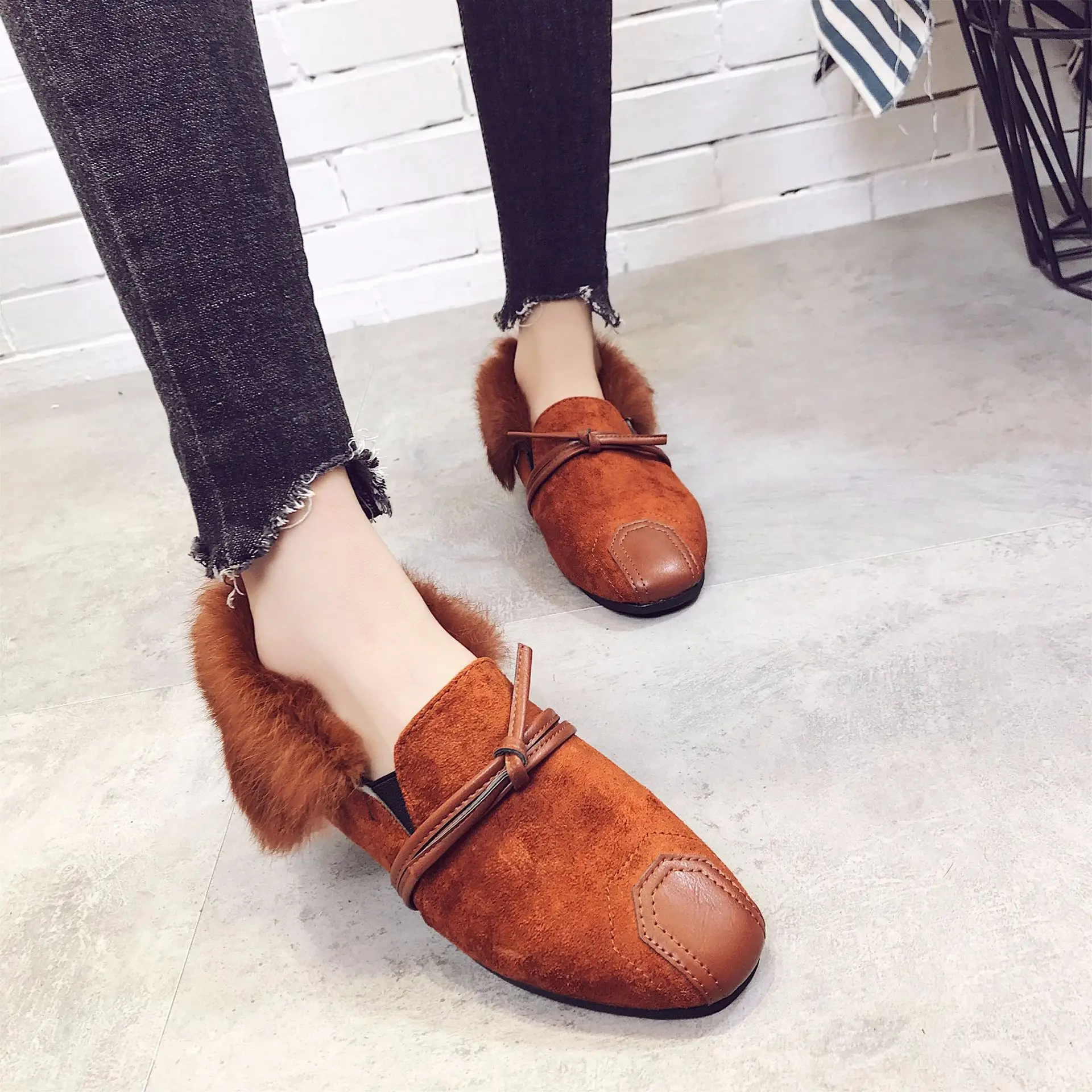 

Square Toe Fashion Women Fluffy Fur Loafer Flock Shallow Autumm Winter Flats Shoes Solid Casual Slip on Shoes for Women