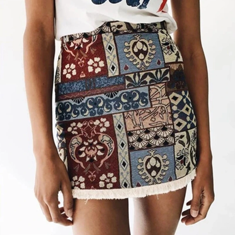 

KLV High Waist Women Bottom Short Boho Chic Pencil Nationality Geometric Vintage Mini Skirt