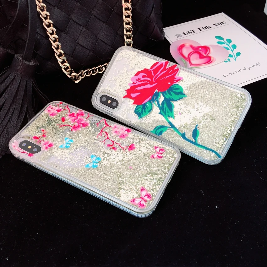 Liquid Glitter Flowers Cases for Fundas iphone 6 6s 6plus Women Girly TPU Hard PC Back Cover Coque 7 8plus X Capa |