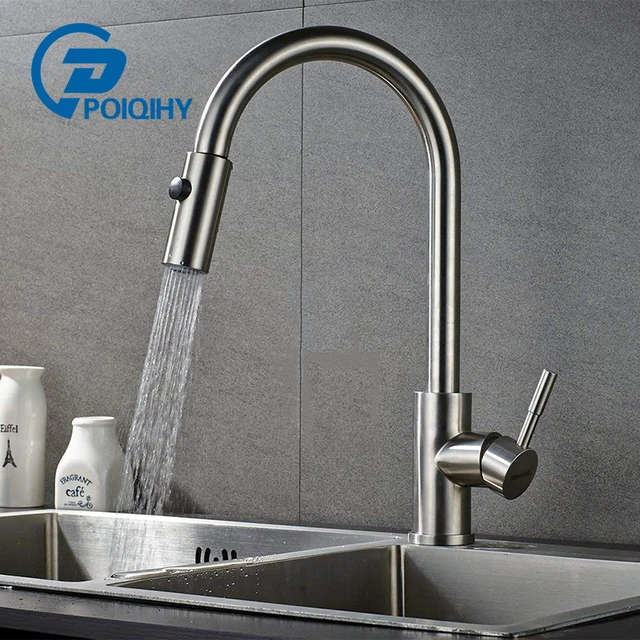 Special Price POIQIHY Low pressure kitchen faucet Brushed Nickel sink mixer taps Rotatable Kitchen Spring  Sink Spray Faucet